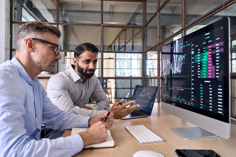 Two professional male looking on the screen